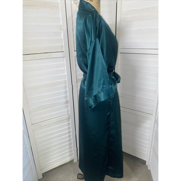 Vintage Dentelle Green Satin Full Length Robe Tie Waist Silky Bath Medium - Picture 4 of 9